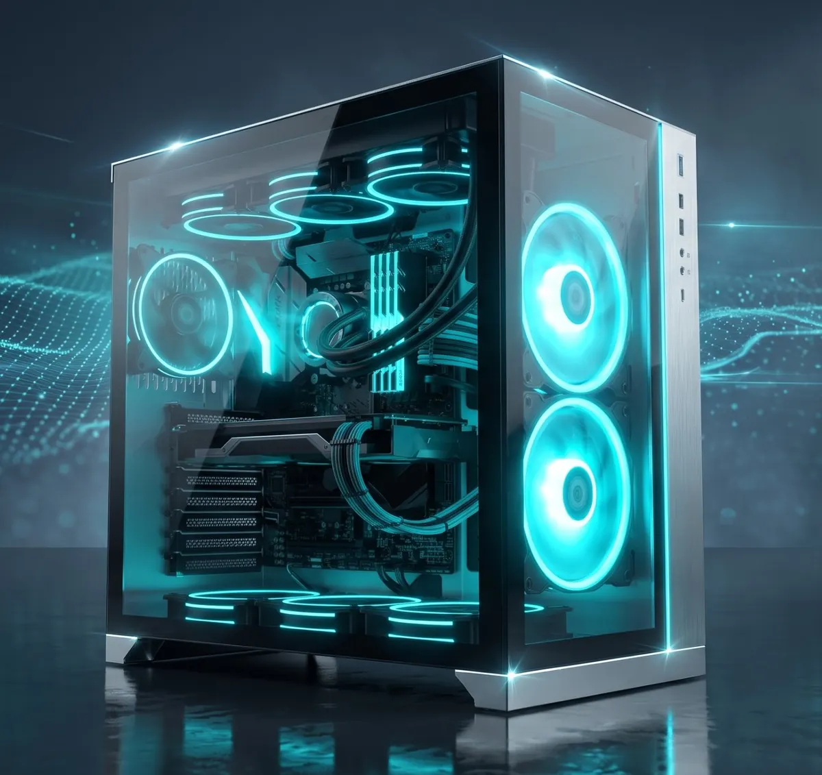 A glass-panel desktop tower with cyan fan lighting